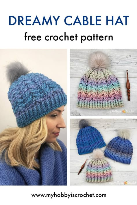 Crochet Hat In The Round Pattern, Crochet Cable Beanie Pattern Free, Crochet Cable Beanie, Crochet Cable Hat Pattern Free, Cable Beanie Hat Free Crochet Pattern, Cable Knit Crochet Beanie Hat, Cozy Crochet Cable Knit Beanie Hat, Neon Crochet Hat, Cabled Hat Pattern