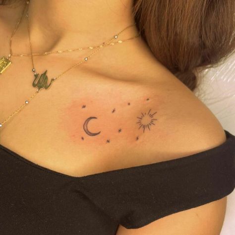 Sun And Moon Collarbone Tattoo Moon Collarbone Tattoo, Space Arm Tattoo, Speakeasy Tattoo, Spaceship Tattoo, Desert Tattoo, Rocket Tattoo, Space Tattoos, Saturn Tattoo, Girl Thigh Tattoos