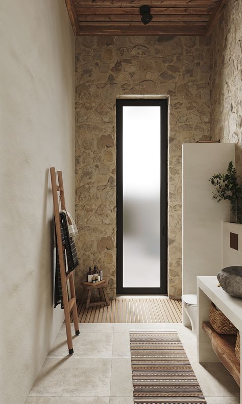 Closed Shower Ideas, Natural Half Bathroom Ideas, Stone House Interior, Stone Feature Wall, Mediterranean Bathroom, Stone Interior, Interior Design Per La Casa, Rustic Bathroom Decor, Rustic Bathrooms