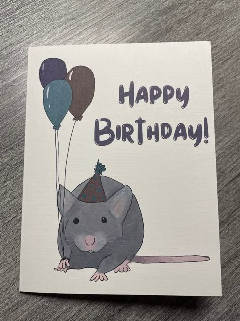 Happy Birthday Mouse with Balloons. Mouse birthday greeting card with a craft paper envelope. Blank inside. A2 size card, 4.25 inches x 5.5 inches.  Art is my original work and printed on white linen cardstock. Blank note card. Birthday Related Drawings, Birthday Gifts For Your Guy Best Friend, Things To Draw For Someones Birthday, Mom Happy Birthday Card, Birthday Card Inspo Diy, Birthday Card Ideas Inside, Drawings For Birthday Cards, Birthday Card Inside Ideas, Happy Birthday Painting Ideas