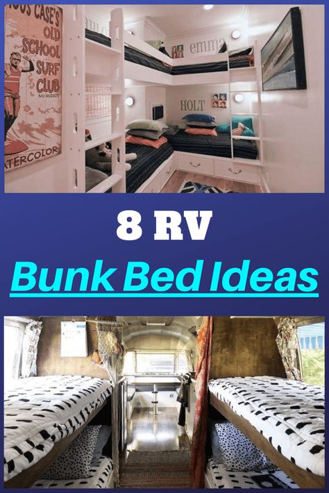 8 RV Bunk Bed Ideas Pinterest 2 Camper With Bunk Beds, Tiny Home Bunk Bed Ideas, Skoolie Bed Ideas, Diy Bunk Beds In Camper, Motorhome Bunk Bed Ideas, Rv Bunk Room Makeover, Caravan Bedding Ideas, Trailer Bunk Bed Remodel, Caravan Bed Ideas