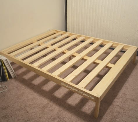 DIY Bed Frame set up in room Pallet Double Bed Frame, Cheap Bed Frame Diy, How To Make A Bed Frame Wood, Diy Bed Stand, How To Make A Bed Frame Diy, Diy Easy Bed Frame, Simple Double Bed Frame, Wooden Bed Frame Diy How To Build, Simple Bed Frame Design