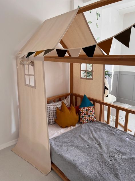 Natural Montessori Canopy Tent, House Bed Tent, Canvas Bed Canopy 🔆 #MontessoriBed #ChildFurniture #ToddlerRoomDecor #NaturalMaterials #WoodenToys #KidsRoomInspiration #MontessoriHome #EcoFriendlyKids #ToddlerSleep #ParentingIdeas Drop Cloth Bed Tent, Boys Canopy Bed, Toddler House Bed Decor, Tent Beds For Kids Boys, Kids Tent Bed, Cool Beds For Boys, Tent Over Bed, Toddler Bed Tent, House Bed Ideas