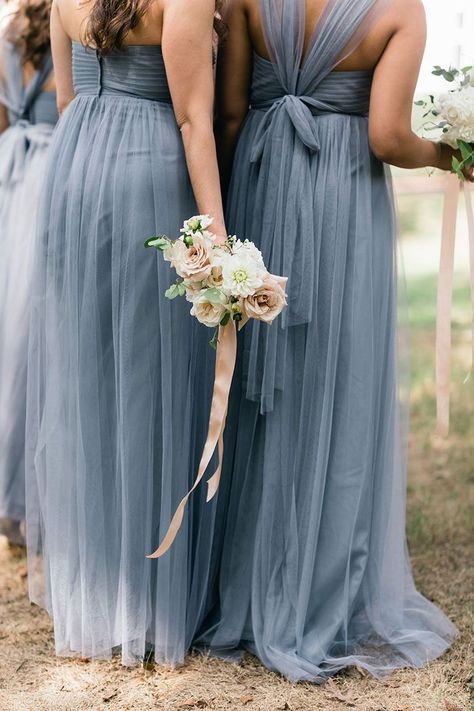 Grey Blue Bridesmaid Dresses, Bridesmaid Dresses Gowns, Pink Weddings, Grey Bridesmaids, Bridesmaid Dressing Gowns, Tulle Bridesmaid Dress, Grey Bridesmaid Dresses, Dusty Blue Weddings, Color Story