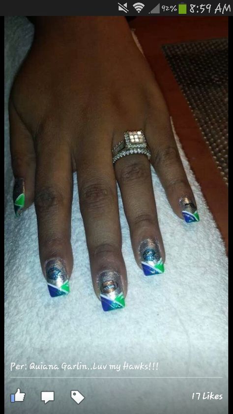 Seahawks nail art Seahawks Nails, Colorful Nail, Painted Nails, Colorful Nail Designs, Seattle Seahawks, Hair And Nails, Nail Colors, Seattle, Nail Designs