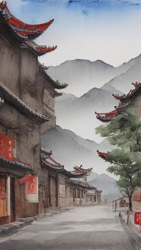 Chinese Scenery Painting, Ancient Chinese Village Art, Chinese Temple Painting, Chinese Ancient Painting, A3 Watercolour Painting, Ancient Chinese Art Painting, Chinese City Art, Chinese Village Art, Chinese Background Landscape