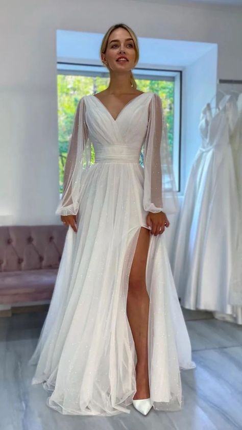 https://pin.it/5UeWwgIED Glitter Wedding Dress, Pretty Wedding Dresses, Affordable Prom Dresses, Prom Dresses Two Piece, Affordable Wedding Dresses, Dream Wedding Ideas Dresses, Long White Dress, Affordable Dresses, Long Sleeve Sequin