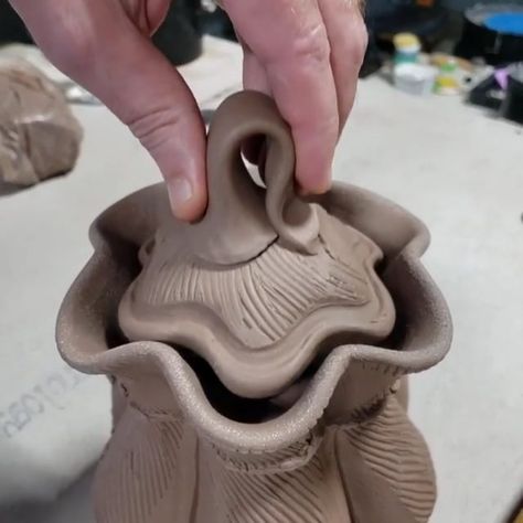 From @ericbotbyl • • • • • • One of the challenges of altering pots on the wheel is making lids that fit these weirdo shapes. This is my… | Instagram Halloween Pottery Ideas Ceramics, Pottery Lids, Pot Shapes, Lidded Pottery, Ceramic Stamps, Pottery Handles, Wheel Pottery, Pottery Molds, Ceramic Handles