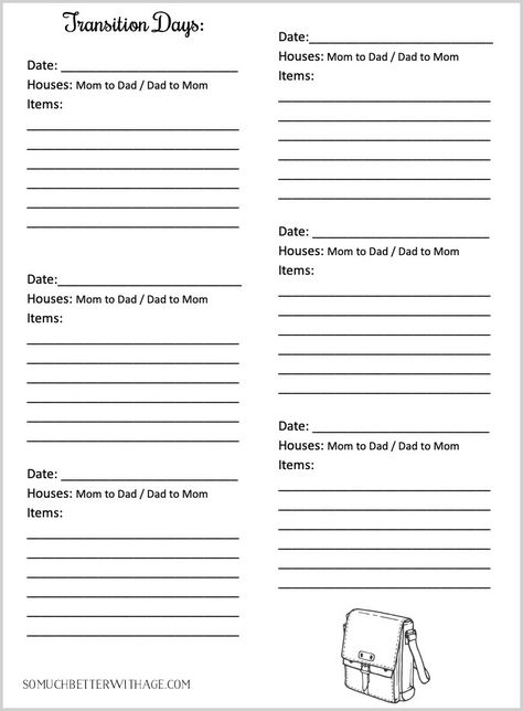 Practical tips for Co-Parenting Schedules | So Much Better With Page | After my divorce, I and my kids' father learned the best way to keep their clothing and personal items organized  - as they transitioned from home to home. Grab the free printable to make this easier! #divorce #parenting Coparenting Worksheets, Coparenting Printables, Co Parenting Schedule, Custody Documentation Binder, Custody Binder For Court, Parenting Plan Worksheet, Child Custody Documentation Free, Parenting Worksheets, Custody Calendar