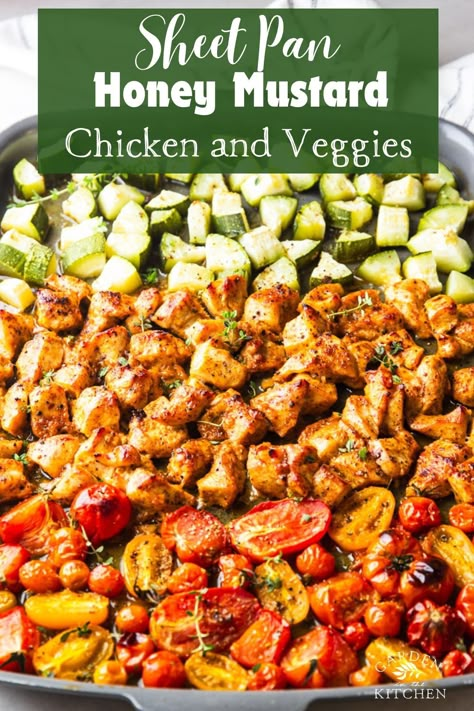 Tender chicken marinated in a sweet and savory sauce with juicy roasted vegetables on the side, make this Sheet Pan Honey Mustard Chicken and Veggies a delicious and super easy family-friendly meal. Sheet Pan Meal Prep Chicken, Low Cholesterol Family Meals, Cholesterol Friendly Recipes Dinner, Chicken Veggie Sheet Pan Dinner, Easy Low Cholesterol Meals, Cholesterol Lowering Meals, Heart Healthy Chicken Recipes, Heart Healthy Recipes Cholesterol, Garden In The Kitchen