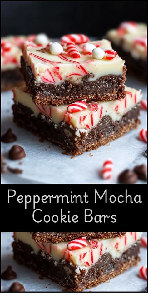 A perfect holiday dessert, combining rich flavors of espresso, chocolate, and peppermint. Ingredients: flour (1 cup) Unsweetened Cocoa Powder (1/3 cup) Espresso Powder (1 tablespoon) Salt (1/2 teaspoon) Baking Powder (1/2 teaspoon)Butter (1/2 cup, softened) Brown Sugar (3/4 cup) Egg (1 large) Peppermint Extract (1/2 teaspoon) Dark Chocolate Chips (1/2 cup)White Chocolate Chips (1/2 cup)eavy Cream (1/4 cup) Powdered Sugar (1 cup)Vanilla Extract (1/2 teaspoon) Crushed Candy Canes (1/4 cup) Peppermint Mocha Cookie Recipe, Peppermint Cookie Bars, Mocha Peppermint Cookies, Christmas Cookies Chocolate Peppermint, Peppermint Mocha Dessert, Peppermint Mocha Muffins, Peppermint Chip Recipes, Crushed Peppermint Recipes, Andes Peppermint Crunch Recipes