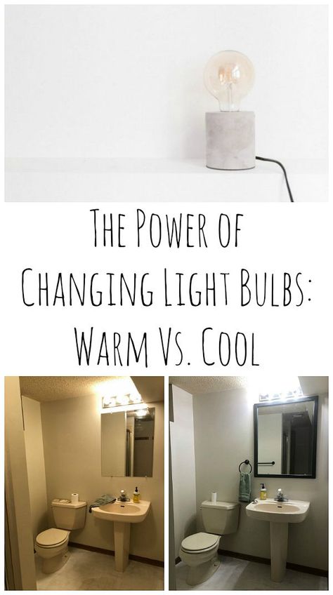 Changing light bulbs may not seem like a big deal, but it can make a major impact. Check out how warm vs cool light bulbs change the look of a small bathroom Light Bulb Storage, Bathroom Recessed Lighting, Bathroom Light Bulbs, Laundry Room Lighting, Dark Bedroom, Led Light Design, White Light Bulbs, Can Lights, Led Light Bulb