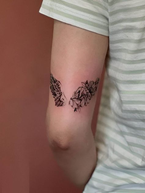 Angel Wings With Writing Tattoo, Floral Angel Tattoo, Angel Wing Floral Tattoo, Flower And Angel Wing Tattoo, Half Angel Wings Half Flowers Tattoo, Fingerprint Wings Tattoo, Angel Wing With Flower Tattoo, Angel Sibling Tattoo, Angel Wings Flowers Tattoo