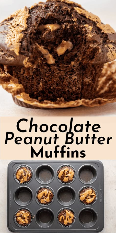 Healthy Chocolate Peanut Butter Muffins, Peanut Butter Chocolate Muffins, Baked Food Recipes, Peanut Butter Muffins Recipes, Reese's Recipes, Chocolate Peanut Butter Muffins, Cornbread Biscuits, Butter Muffins, Chocolate Peanut Butter Recipes