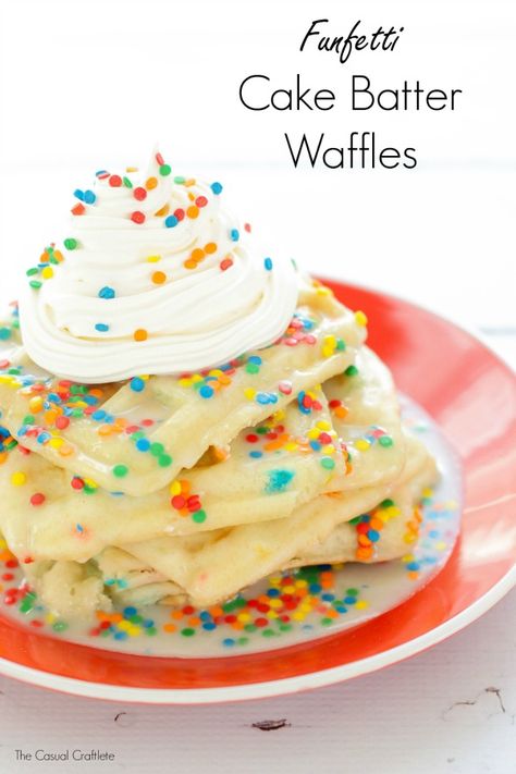 Funfetti Waffles, Fluffy Waffle Recipe, Cake Batter Waffles, Cake Mix Waffles, Food Glitter, Homemade Glaze, Waffle Iron Recipes, Fun Breakfast, Waffle Maker Recipes