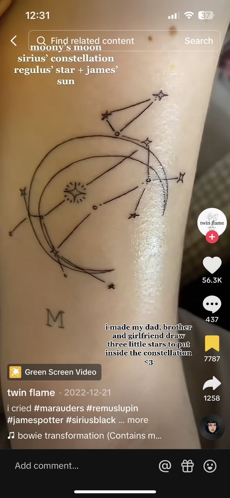 Remus Lupin Tattoo, Lupin Tattoo, Marauders Tattoo, Harry Potter Tattoos, Constellation Tattoos, Harry Potter Marauders, Remus Lupin, James Potter, Star Tattoos