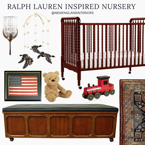 New England Interiors • Ralph Lauren Inspired Nursery • Crib, Lighting, Rug, Bear, Train, Trunk, Nursery Accessories & Decor. Americana Nursery, New England Interiors, Boy Nursey, Vintage Nursery Boy, New England Interior, Train Nursery, Western Nursery, Room Boy, Kids Rooms Inspo