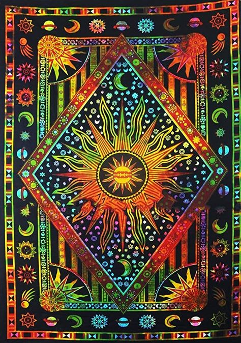 Dorm Room Tapestry, Celestial Tapestry, Burning Sun, Sun And Moon Tapestry, Trippy Tapestry, Hippie Posters, Tie Dye Tapestry, Dorm Room Wall Decor, Black Light Posters