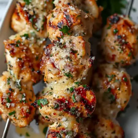 Chicken Skewers with Parmesan and Garlic Keto Garlic Parmesan Chicken Skewers, Garlic And Parmesan Chicken Skewers, Garlic Parmesan Chicken Skewers By 12 Tomatoes, Chicken Skewer Appetizer Recipes, Chicken On Stick Skewers, Ranch Chicken Skewers, Buffalo Chicken Skewers, Chicken Parm Skewers, Garlic Parm Skewers