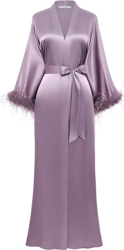 PRODESIGN Satin Kimono Robe Long Bath Robe with Ostrich Feather Trim Sleepwear Wedding Bridesmaid Robe at Amazon Women’s Clothing store Long Bath, Ostrich Feather Trim, Old Hollywood Glam, Satin Kimono, Feather Trim, Ostrich Feather, Womens Kimono, Bridesmaid Robes, Hollywood Glam