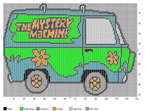 Mystery Machine Mystery Machine Cross Stitch, Crochet Mystery Machine, Plastic Canvas Scooby Doo Pattern, Scooby Doo Cross Stitch Patterns Free, Mystery Machine Perler Beads, Scooby Doo Plastic Canvas Patterns, Scooby Doo Pixel Art Grid, Scooby Doo Alpha Patterns, Scooby Doo Pixel Art