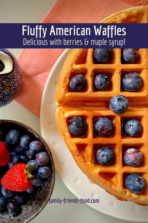 Thick, fluffy American waffles are crispy on the outside, light and fluffy on the inside. Serve them with berries and maple syrup for a delicious breakfast treat! #breakfast #brunch #waffles #recipe #easyrecipe American Waffles Recipe, Waffle Recipe Uk, American Waffles, Griddle Scones, Western Desserts, Breakfast Waffle Recipes, Brunch Waffles, Fried Chicken And Waffles, Waffle Ingredients