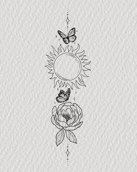 Vertical tattoo design with sun and flowers peony and butterflies Sun Floral Tattoo, Simple Leg Tattoos, Basic Tattoos, Simple Butterfly, Fairy Tattoo, Sun Tattoo, Butterfly Drawing, Tattoos For Daughters, Simplistic Tattoos