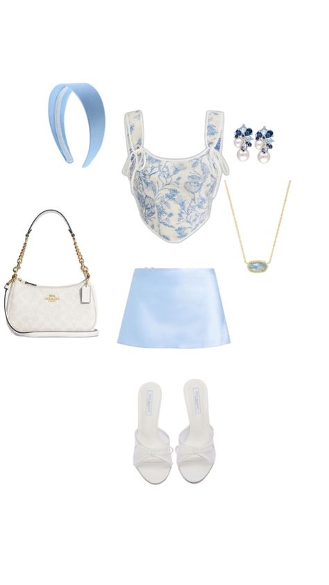 Earrings,blue,heels,bow,bag,shoulder bag,mini skirt,satin,coach,headband,floral pattern,crop top,necklace Blue Coquette Outfit, Light Blue Coquette, Light Blue Outfit, Blue Coquette, Fashion Aesthetic Outfits, Coquette Outfit, Blue Outfit, Color Light Blue, Different Outfits