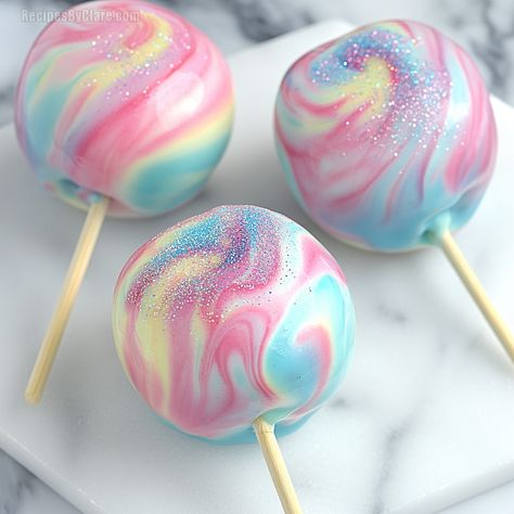 These candy apples feature a cotton candy-inspired swirl design with a crunchy candy coating, making them perfect for festive gatherings. Cotton Candy Birthday Party Ideas, Cotton Candy Centerpiece, Cotton Candy Decorations, Cotton Candy Station, Cotton Candy Design, Movie Drive In, Granola Crust, Cotton Candy Birthday, Awesome Birthday Gifts