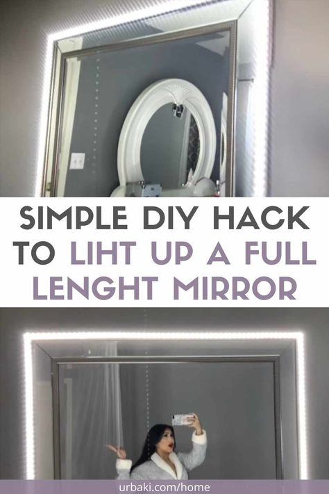 Diy Full Length Mirror Ideas Bedroom, Full Length Mirror Lighting, Decorated Full Length Mirror, Diy Light Mirror Full Length, Full Length Mirror Frame Diy, Diy Backlit Mirror, Diy Full Length Mirror Ideas, Diy Lighted Mirror, Diy Led Mirror