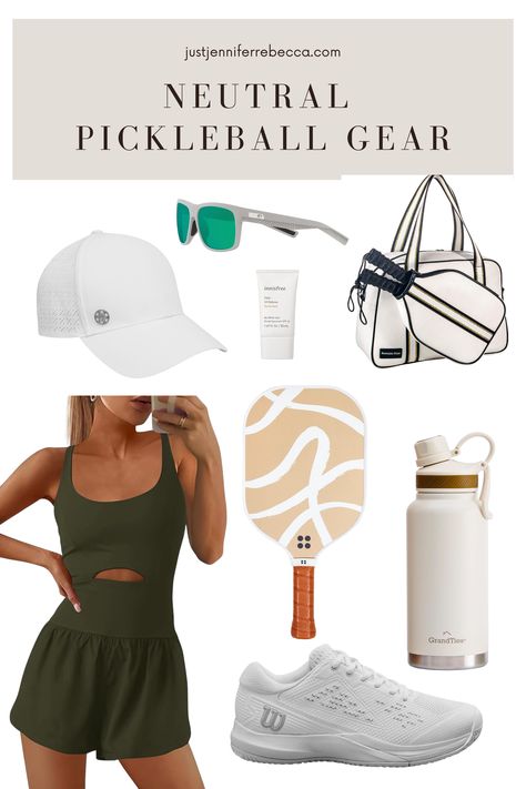 Neutral outfit ideas for playing pickleball. Whether you're a beginner, intermediate, or advanced player, these are all must-haves to take to the court. 1. Polarized glasses will protect you especially if a fast ball comes near your face 2. A good had provides sun protection and face protection 3. A quality sunscreen to avoid sunburn 4. a bag to keep water, paddle, keys, ball, towel, and all other gear! 5. An insulated water bottle(you'll be glad- trust me!) 6. Court shoes to avoid injury :) Fall Pickleball Outfit, Pickleball Shoes Women, How To Play Pickleball, Pickle Ball Outfit Women, Pickle Ball Outfit, Pickleball Outfits For Women, Pickle Balls, Indoor Pickleball, Pickleball Aesthetic