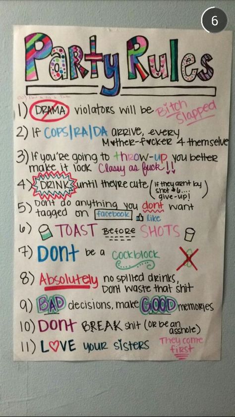 Sorority girl party rules. Zodiacs Throwing A Party, Party Rules Poster Funny, Party Rules Poster, Sorority Sheet Signs, Sisterhood Games Sorority, Sorority Infographic, Party Rules, Rules Poster, Sorority Girl