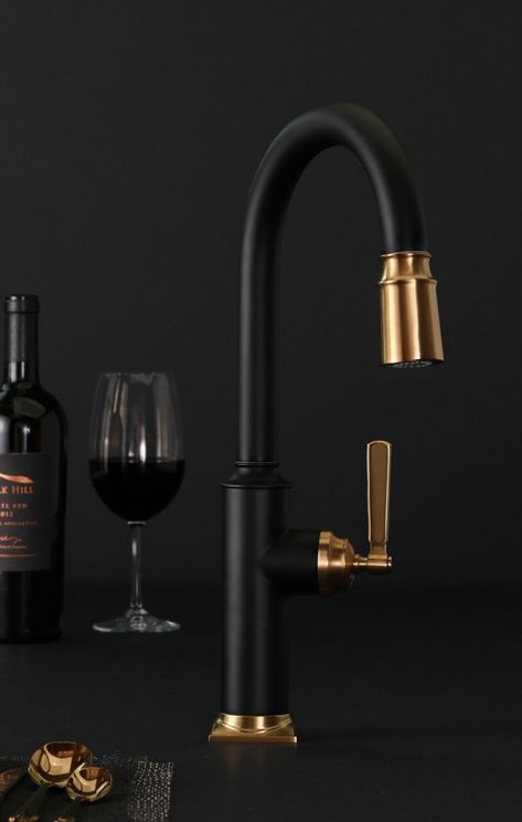 Newport Brass®: California Craftsmanship at its Finest - Interior Design Bronze Hardware Kitchen, Sun Roofs, Black And Bronze Kitchen, Industrial Kitchen Faucet, Modern Industrial Kitchen, Modern Kitchen Faucet, Unique Backsplash, Bronze Kitchen, Modern Condo