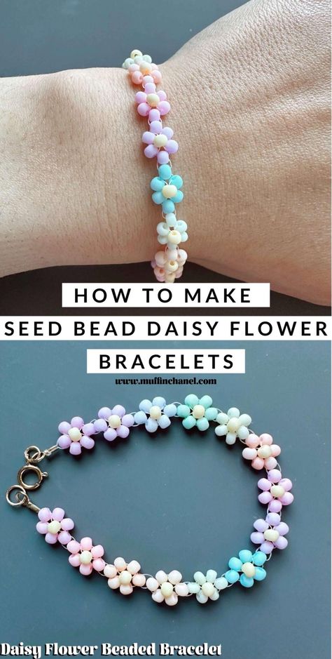 How to Make Seed Bead Daisy Flower Bracelets - MuffinChanel Flower Bracelets Beads, Flower Bead Friendship Bracelet, How To Bead Flowers Bracelet, Flower Bracelet Pattern Beads, How To Do Flowers On Bracelets, How To Do A Beaded Flower, Daisy Beaded Bracelets Diy, Beaded Bracelets Diy Flower, Making Flower Bracelets