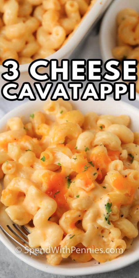 3 Cheese Cavatappi is a cheesy, creamy pasta dish that is comforting and satisfying! It's a perfect option for a quick, weekday meal! #spendwithpennies #cheesecavatappi #recipe #pasta #maindish #baked Lazanya Recipes, Easy Cavatappi Pasta Recipes, Recipes With Cavatappi Pasta, Cavatappi Recipes, Mac And Cheese Recipe Cavatappi, Cavatappi Pasta Recipes Healthy, Mac N Cheese Cavatappi, Cavatappi Mac And Cheese, Cavatappi Pasta Recipes