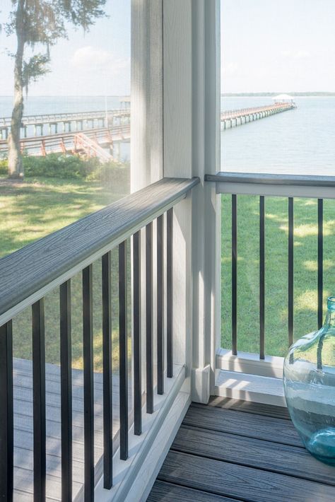 Composite Railing Ideas, Cocktail Railing Deck, Back Porch Railing Ideas, Composite Deck Ideas, Trex Deck Railing, Front Porch Railing Ideas, Beach House Deck, Deck Railing Kits, Deck Handrail