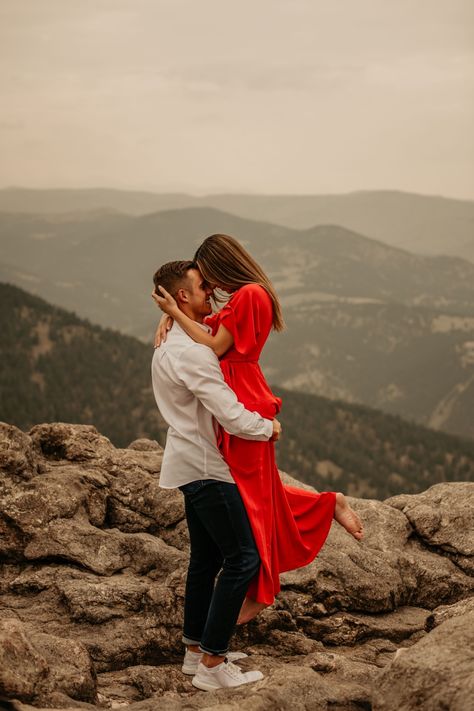 Taylor Hassebroek Photo | Colorado Photographer | Mountain engagement session | Mountain Wedding | Colorado Wedding Photographer | Rent the Runway | Flagstaff Mountain | Boulder Engagement Photos | Couples Photo Session | What to Wear | Couples poses Couple Poses On Mountains, Engagement Photos In Mountains, Pre Wedding Mountain, Dublin Photoshoot, Mountain Top Engagement Photos, Spring Mountain Engagement Photos, Couples Mountain Photoshoot, Red Engagement Dress, Mountain Couple Photoshoot