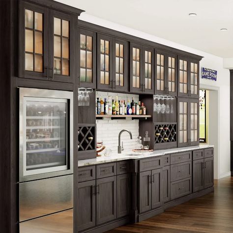 Coffee Wine Bar Ideas, Kitchen Repaint, Dark Brown Kitchen, Wine Bar Ideas, Kitchen Cabinets Color Combination, Espresso Kitchen Cabinets, Natural Wood Kitchen, Rta Kitchen Cabinets, Online Kitchen Cabinets