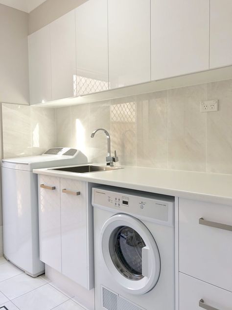 Laundry Renovation Kellyville - Master Bathrooms & Kitchens Top Loader Washing Machine, Tiled Splashback, Laundry Renovation, Laundry Makeover, White Laundry Rooms, Stone Benchtop, Flat Panel Doors, Laundry Cabinets, Laundry Room Sink