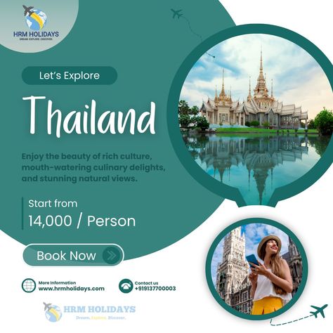 🌏✨ Explore the mesmerizing beauty of Thailand with HRM Holidays! 🇹🇭✨ Immerse yourself in the rich culture, mouth-watering culinary delights, and stunning natural views that Thailand has to offer. Packages starting from just ₹14,000 per person. Don't miss out on this incredible opportunity! 📞 Contact us: Phone: +91 9137700003 Email: Info@hrmholidays.com Website: hrmholidays.com WhatsApp: +919137700003 #ThailandTour #TravelWithHRM #ExploreThailand #TravelDeals #HolidayPackage #DreamExploreDi... Natural Views, Mesmerizing Beauty, Dream Holiday, Holiday Packaging, Travel Deals, Mouth Watering, Thailand, Holidays, The Incredibles