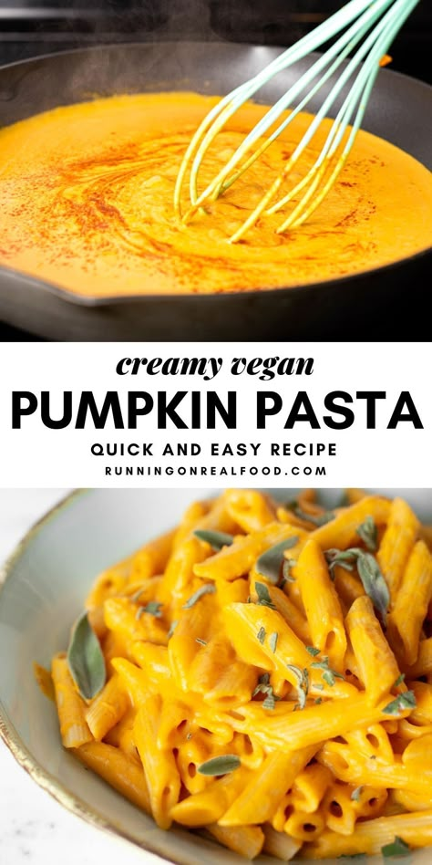 This vegan pumpkin pasta recipe is easy to make with just a few simple, everyday ingredients. Serve the decadent pumpkin cream sauce over your favourite pasta for a plant-based meal that's pure comfort food. Vegan Fall Pasta Recipes, Vegan Pumpkin Pasta Recipes, Vegan Recipes With Pumpkin, Pumpkin Meals Recipes, Easy Vegan Pumpkin Recipes, Quick And Easy Pumpkin Recipes, Pumpkin Puree Pasta Sauce, Vegan Pumpkin Pasta Sauce, Pumpkin Cream Sauce Pasta