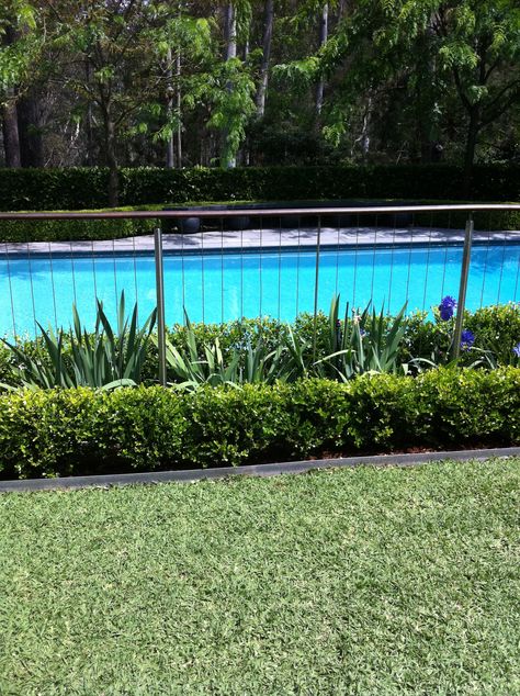 Really like this subtle pool fence with landscaping on both sides. Maybe for north and east sides of pool? Pool Fencing Landscaping, Pool Fence Ideas, Diy Pool Fence, Fence Around Pool, Pool Fences, Metal Pool, Pool Fencing, Tattoo Plant, Fence Plants