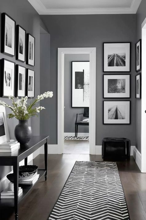 Bright Coloured Hallway Ideas, Black And Grey Hallway, Black And White Foyer, Grey Hallway Ideas, Grey Entryway, Hallway Paint Ideas, Wall Photo Gallery, Gray Hallway, Hall Deco