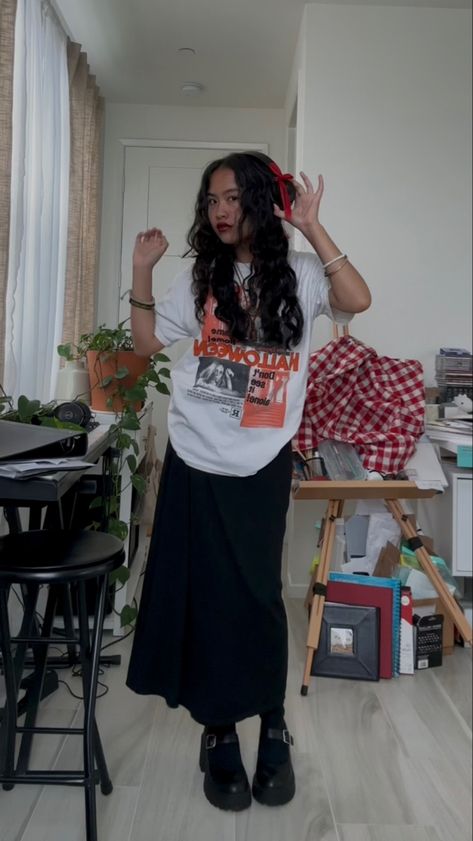 ootd, long skirt, long black skirt, outfit inspo, graphic tee, chunky platfrom heels, headphones, ribbon bows, jewelry, outfit of the day, school outfits, outfit idea, alternative fashion, academia, urban outfitters, madden girl, SoCal, nyc, orange, black, alt fashion, style, witchy Long Skirts And Graphic Tees, Long Black Skirt With Tshirt, Long Skirt Tee Shirt Outfits, Long Black Skirt Outfit Midsize, Long Skirt Band Tee, T Shirt Long Skirt Outfit, Long Black Skirt Summer Outfit, Long Skirt Big Shirt, Long Skirt T Shirt Outfit