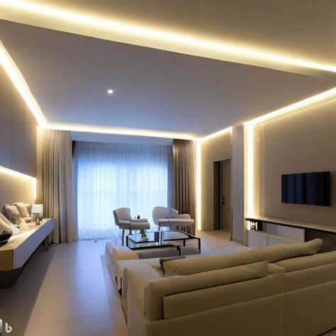 Recessed Ceiling Lights Living Room, Warm White Led Strip Lights Living Room, Lightning Ideas Living Room, Led Strip Lighting Ideas Living Rooms, Garden Room Lighting, Cove Lights, Led Strip Lighting Ideas, Led Lights Ideas, White Lights Living Room