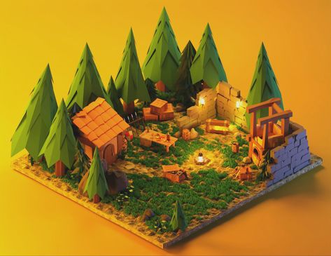 Low poly, forest, fire, nature, ruins, 3d forest, camp, barrel, rum, gold, лагерь разбойников в лесу, 3д дизайн, 3d design, 3d models Low Poly Forest, 3d Forest, Forest Village, Nature 3d, Forest Camp, Creative School Project Ideas, Small Lake, Graduation Project, Forest Fire