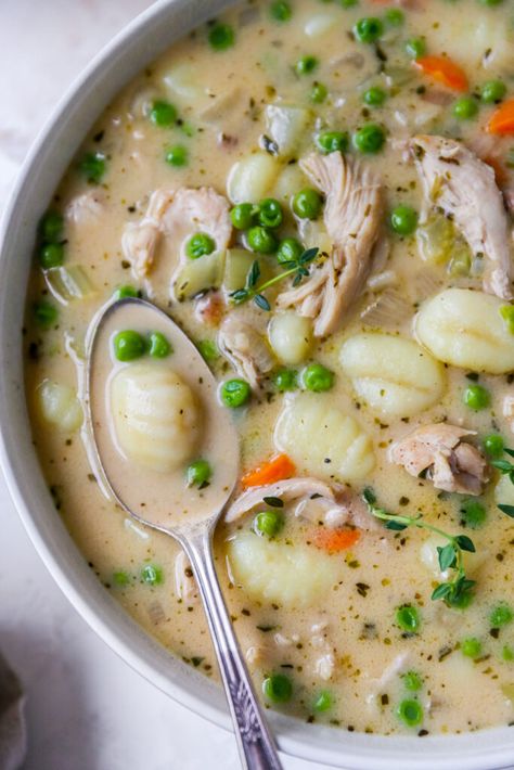 Chicken Pot Pie Soup With Gnocchi, Gnocchi Pot Pie Soup, Gnocchi Chicken Noodle Soup, Chicken Pot Pie Gnocchi Soup, Gnocchi Chicken And Dumplings, Chicken Pot Pie Gnocchi, Gnocchi Pot Pie, Gnocchi Soup Recipes, Gnocchi Chicken Pot Pie