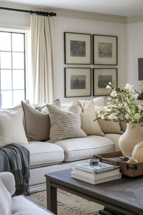 How to Use a Monochromatic Theme to Create a Beautiful Home - Melanie Jade Design Traditional White Living Room, Classic Modern Home Decor, White Wall Living Room Ideas Decor, Classical Home Decor, Neutral Vintage Living Room, Living Room Transitional Style, American Decor Living Room, White Wall Living Room Ideas, Traditional Cozy Living Room