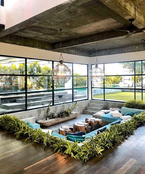 Sunken Couch, Bali Houses, Warehouse House, Mandala House, Villa Concept, Indoor Outdoor Living Room, Bali Architecture, Tropical Villa, Bali Style Home