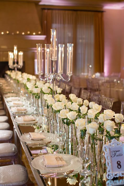 Candle And Flower Centrepiece, Banquet Table Centerpieces, White Rose Centerpieces, Rose Centerpieces Wedding, Duke Photography, Pelican Hill, Wedding In California, Wedding Table Designs, White Roses Wedding